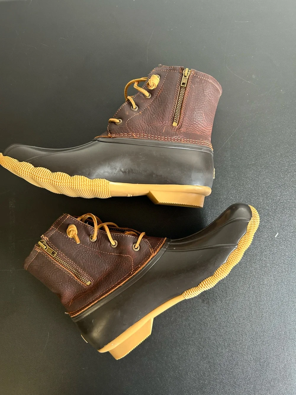 SPERRY TOP SIDER Saltwater Duck Boots Size 12 DARK BROWN LEATHER/BLACK